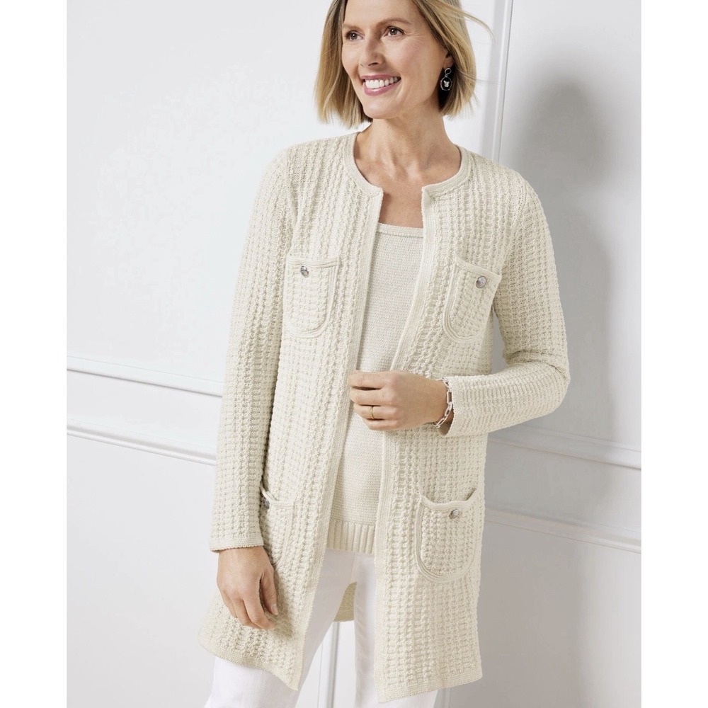 Talbots Cardigan Women MP Petite Cream Metallic Knit Longline Coastal Preppy